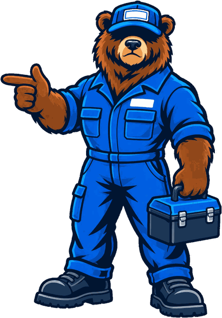 Bears Mobile Mechanic mascot pointing, holding a toolbox