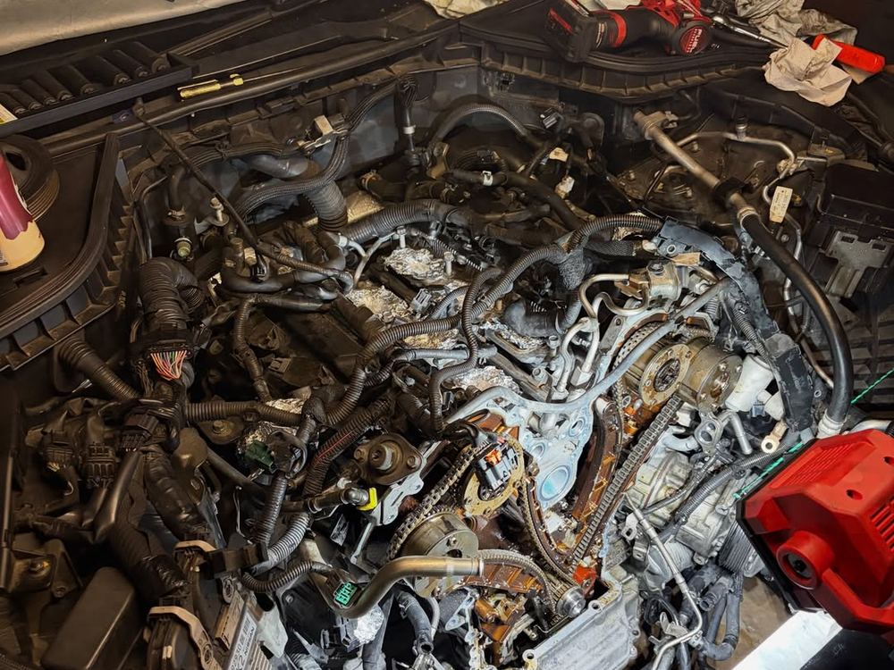 Engine stripped down to the timing components